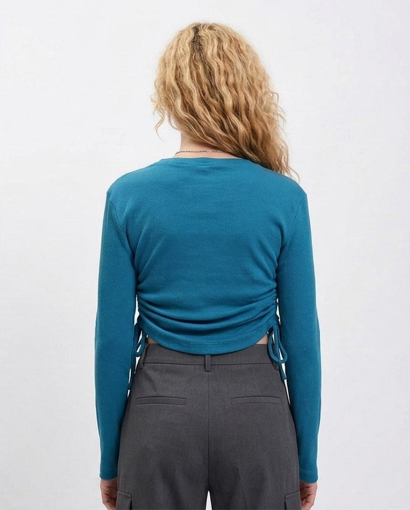 R215793 - Long Sleeves Ribbed Top with Drawstring - Blue