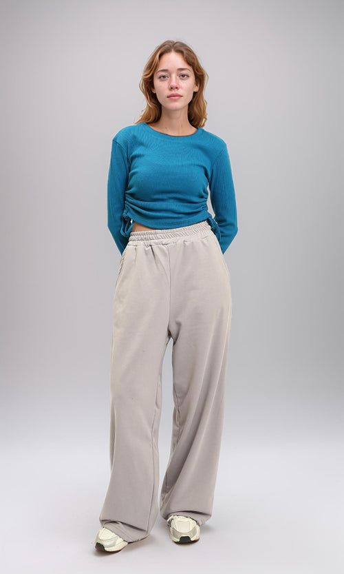 R215793 - Long Sleeves Ribbed Top with Drawstring - Blue