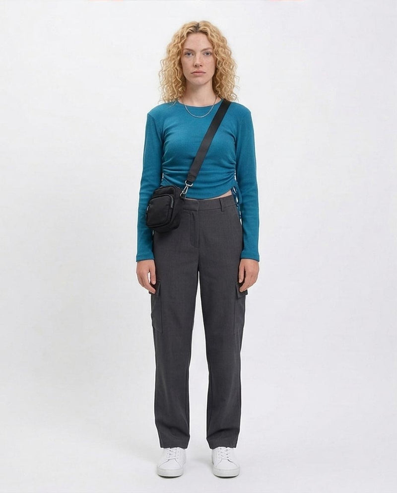 R215793 - Long Sleeves Ribbed Top with Drawstring - Blue