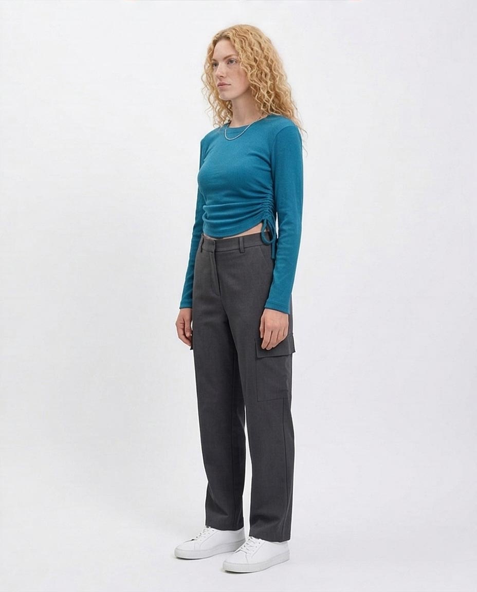 R215793 - Long Sleeves Ribbed Top with Drawstring - Blue