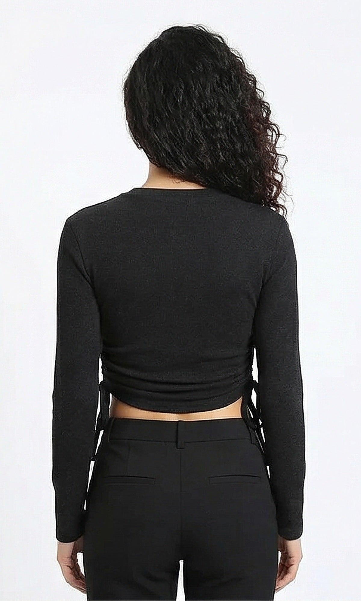 Black Side-Ruched Long Sleeve Cropped Top - R215794