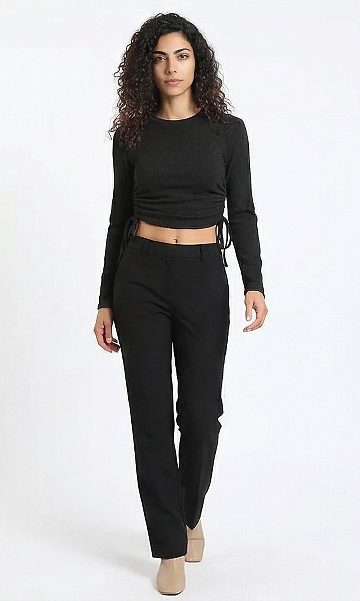 Black Side-Ruched Long Sleeve Cropped Top - R215794