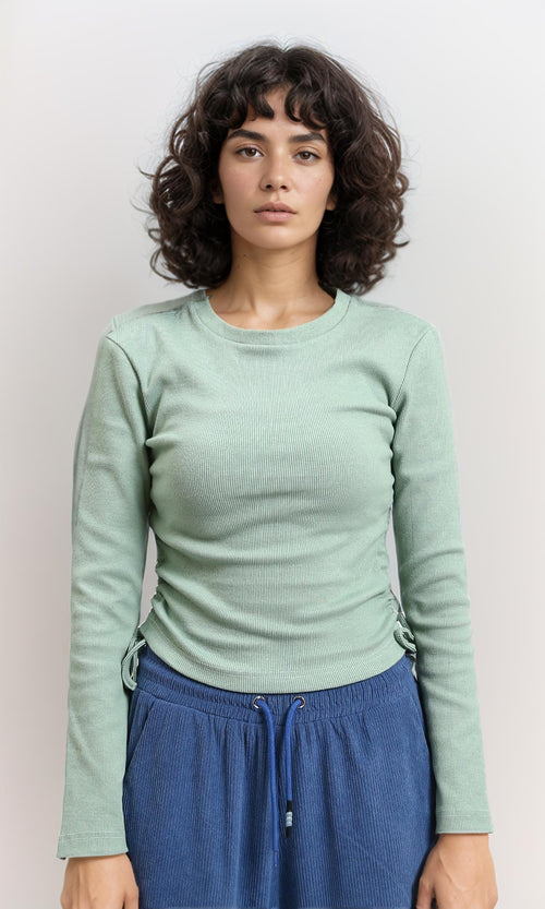 R215795 - Long Sleeves Ribbed Top with Drawstring - Mint