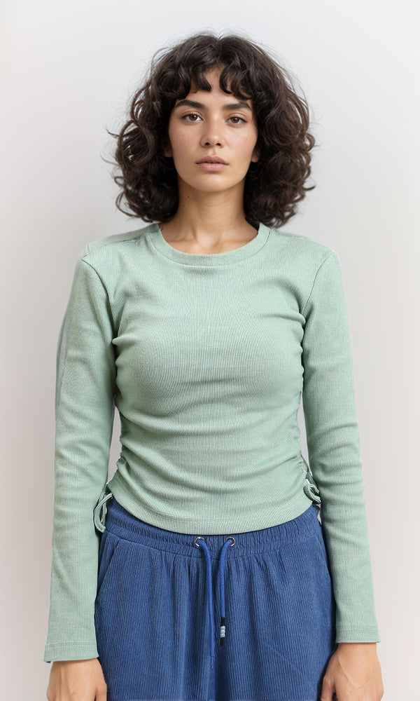 R215795 - Long Sleeves Ribbed Top with Drawstring - Mint