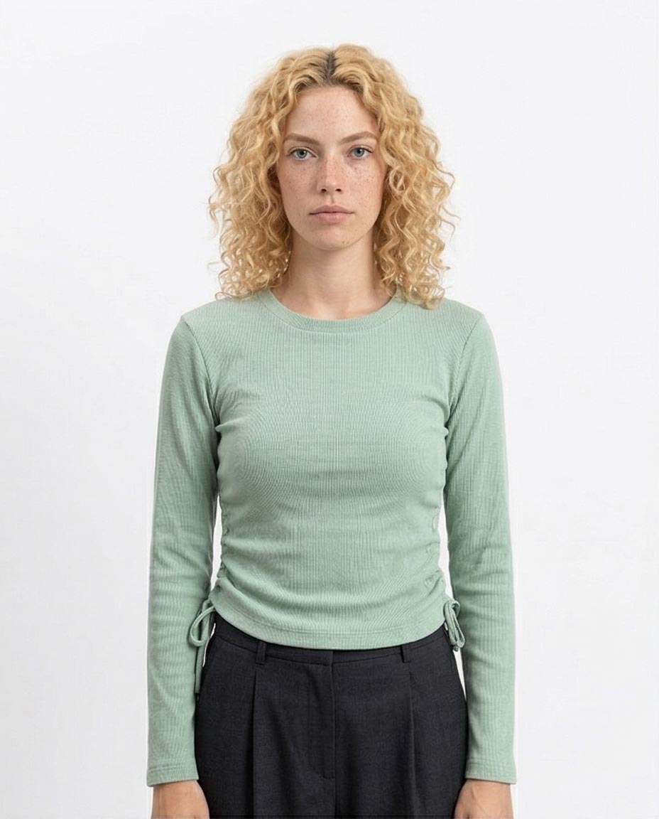 Sage Green Side-Cinch Ribbed Long Sleeve Top