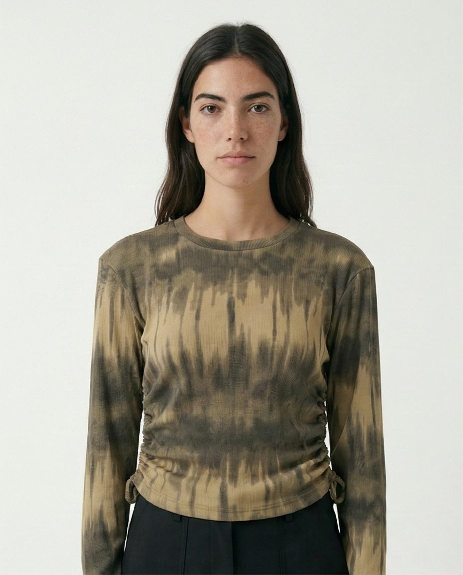 Tie-Dye Long Sleeves Top with Drawstring - Beige & Dark Grey