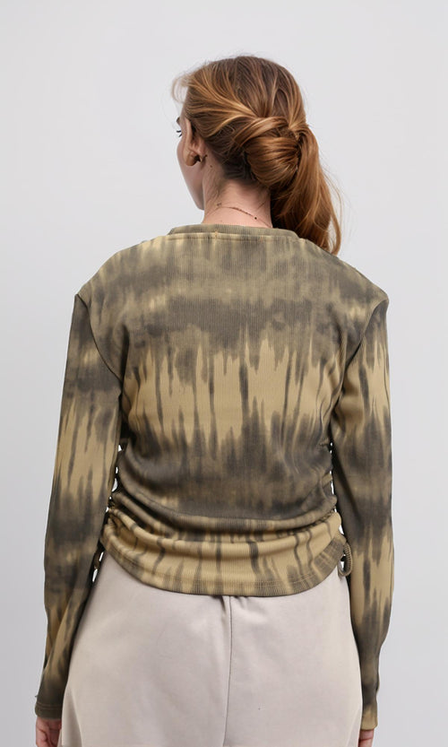 R215798 - Tie-Dye Long Sleeves Top with Drawstring - Beige & Dark Grey