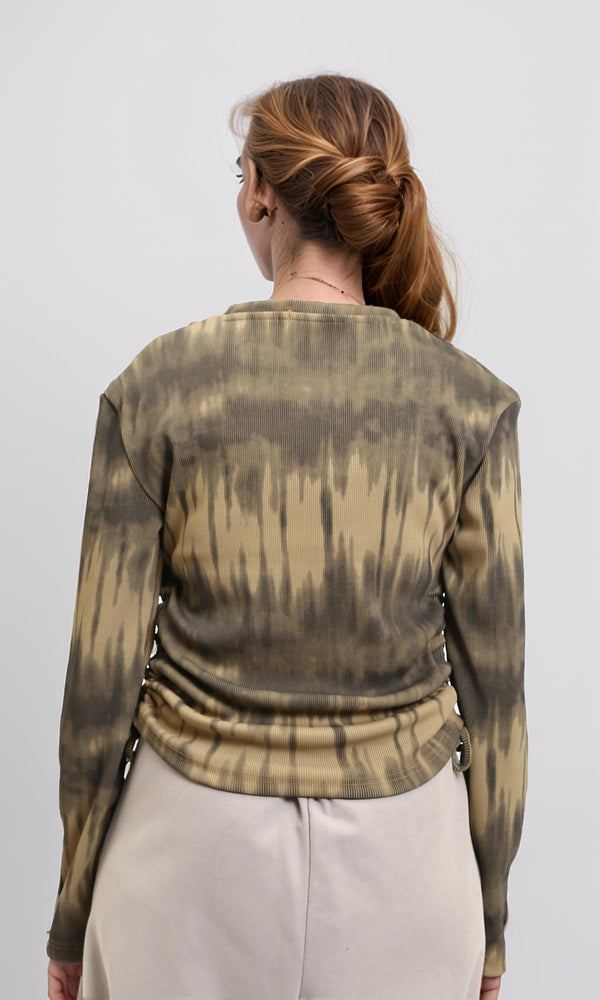 R215798 - Tie-Dye Long Sleeves Top with Drawstring - Beige & Dark Grey