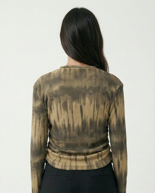 R215798 - Tie-Dye Long Sleeves Top with Drawstring - Beige & Dark Grey
