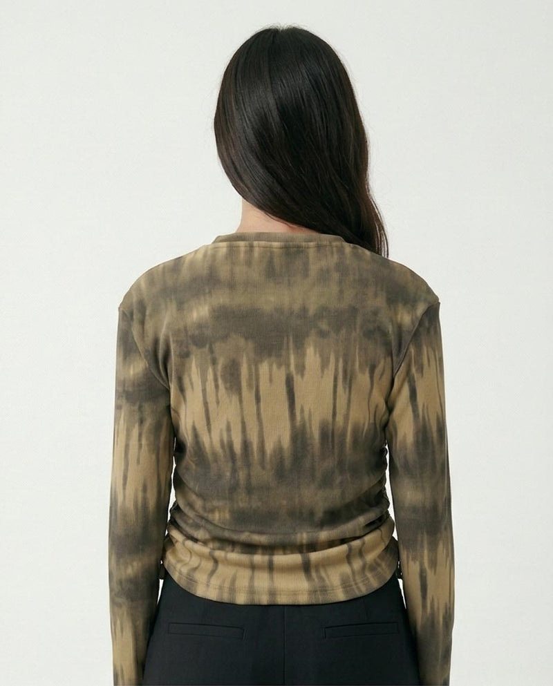 R215798 - Tie-Dye Long Sleeves Top with Drawstring - Beige & Dark Grey