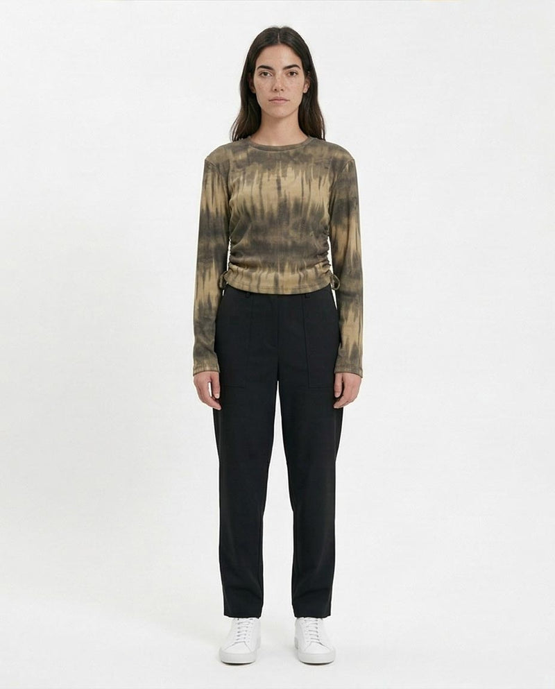 R215798 - Tie-Dye Long Sleeves Top with Drawstring - Beige & Dark Grey