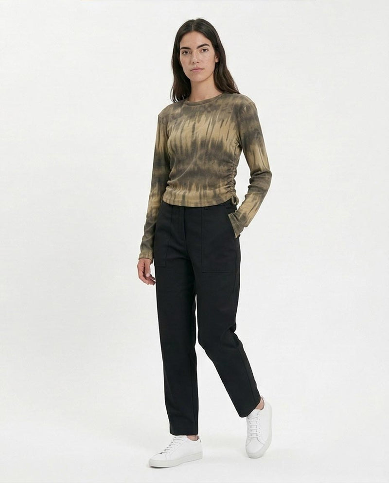 R215798 - Tie-Dye Long Sleeves Top with Drawstring - Beige & Dark Grey