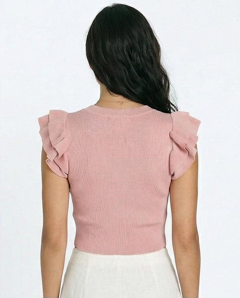 Ruffled Sleeves Crew Neck Top - Dusty Rose - R215800