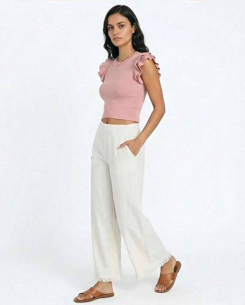 Ruffled Sleeves Crew Neck Top - Dusty Rose - R215800