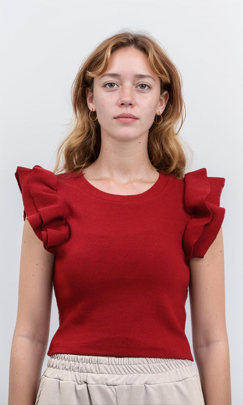 R215801 - Ruffled Sleeves Feminine Crew Neck Top - Dark Red