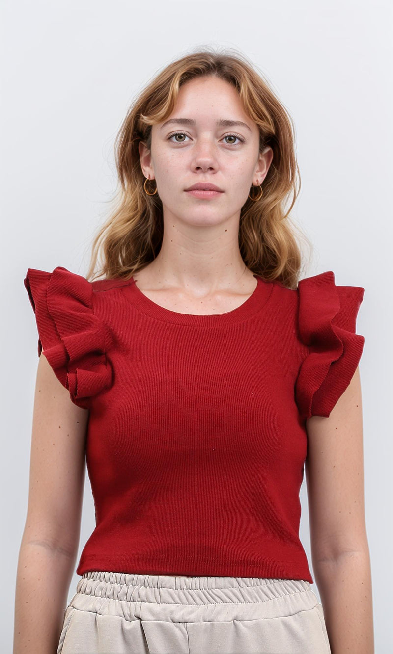 R215801 - Ruffled Sleeves Feminine Crew Neck Top - Dark Red