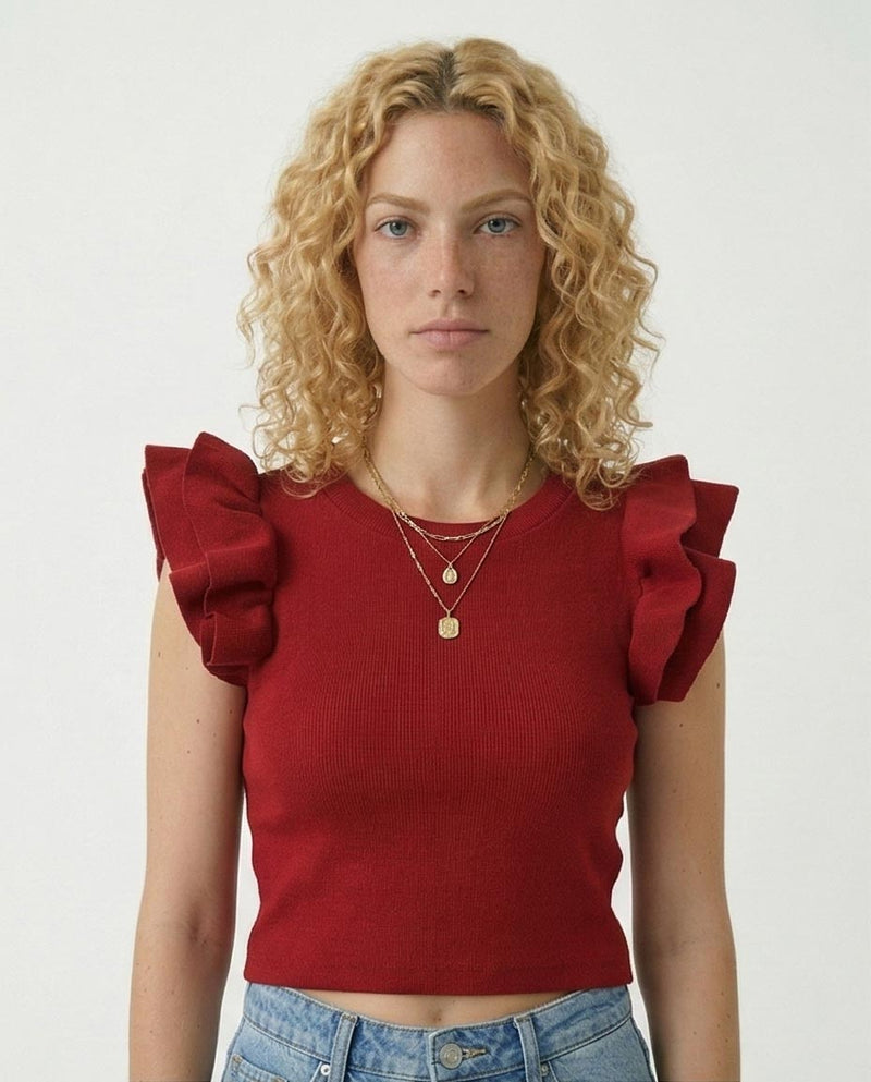 Ruffled Sleeves Feminine Crew Neck Top - Dark Red -R215801
