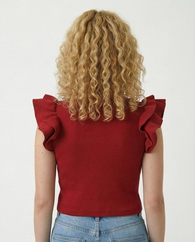 Ruffled Sleeves Feminine Crew Neck Top - Dark Red -R215801