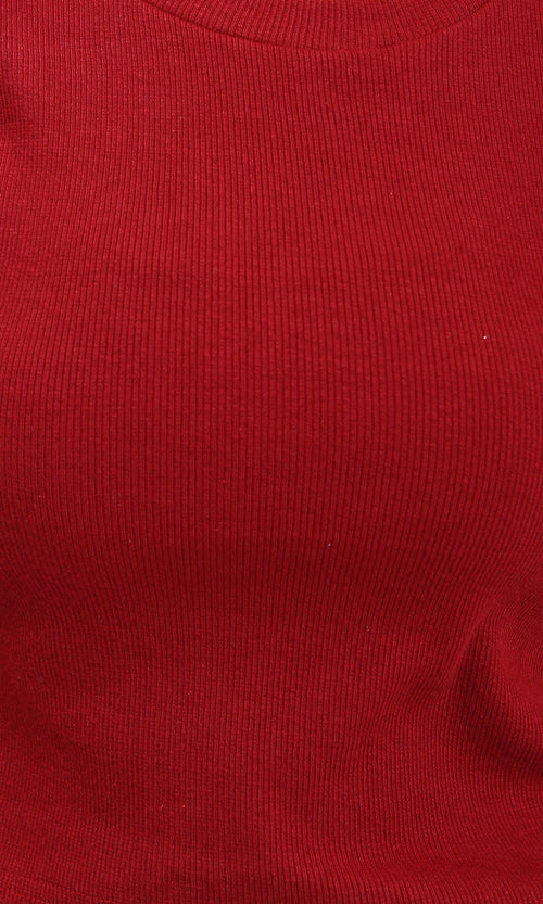 R215801 - Ruffled Sleeves Feminine Crew Neck Top - Dark Red