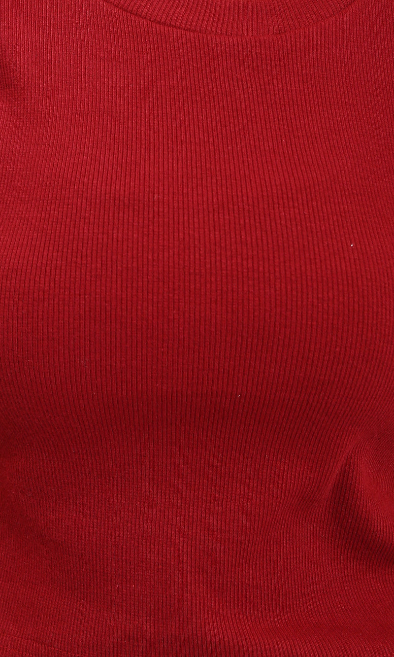 R215801 - Ruffled Sleeves Feminine Crew Neck Top - Dark Red