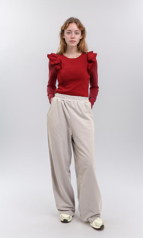 R215801 - Ruffled Sleeves Feminine Crew Neck Top - Dark Red