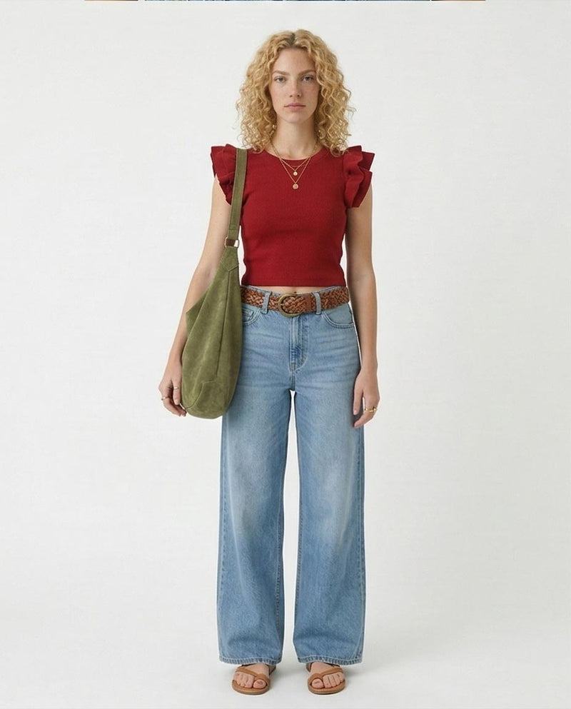 Ruffled Sleeves Feminine Crew Neck Top - Dark Red -R215801