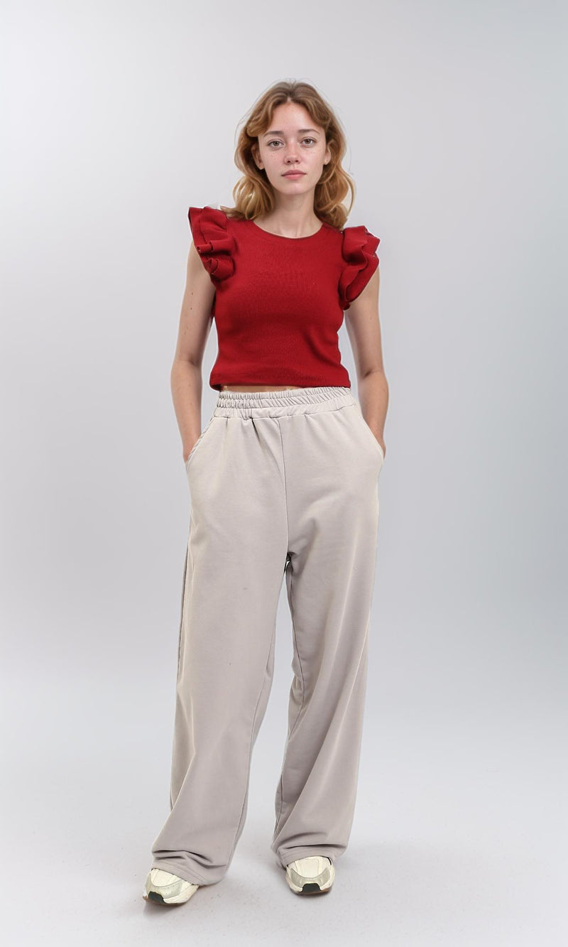 R215801 - Ruffled Sleeves Feminine Crew Neck Top - Dark Red