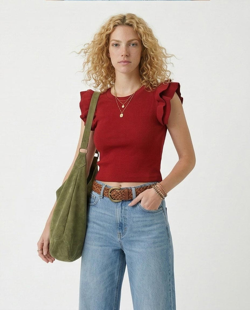 Ruffled Sleeves Feminine Crew Neck Top - Dark Red -R215801