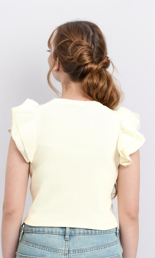 R215802 - Ruffled Sleeves Feminine Crew Neck Top - Off-White