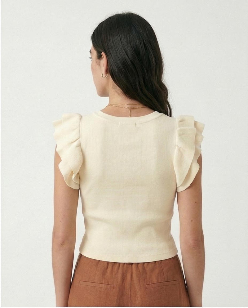 Ruffled Sleeves Feminine Crew Neck Top - Off-White - R215802