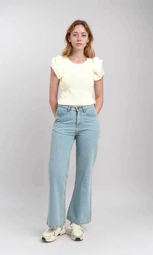 R215802 - Ruffled Sleeves Feminine Crew Neck Top - Off-White