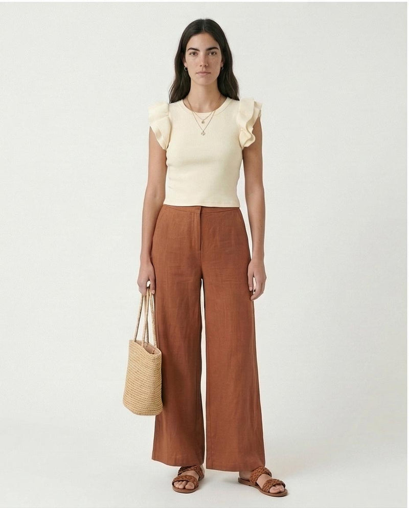 Ruffled Sleeves Feminine Crew Neck Top - Off-White - R215802