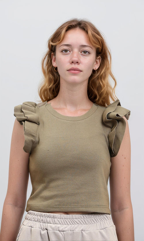 R215803 - Ruffled Sleeves Feminine Crew Neck Top - Pale Olive