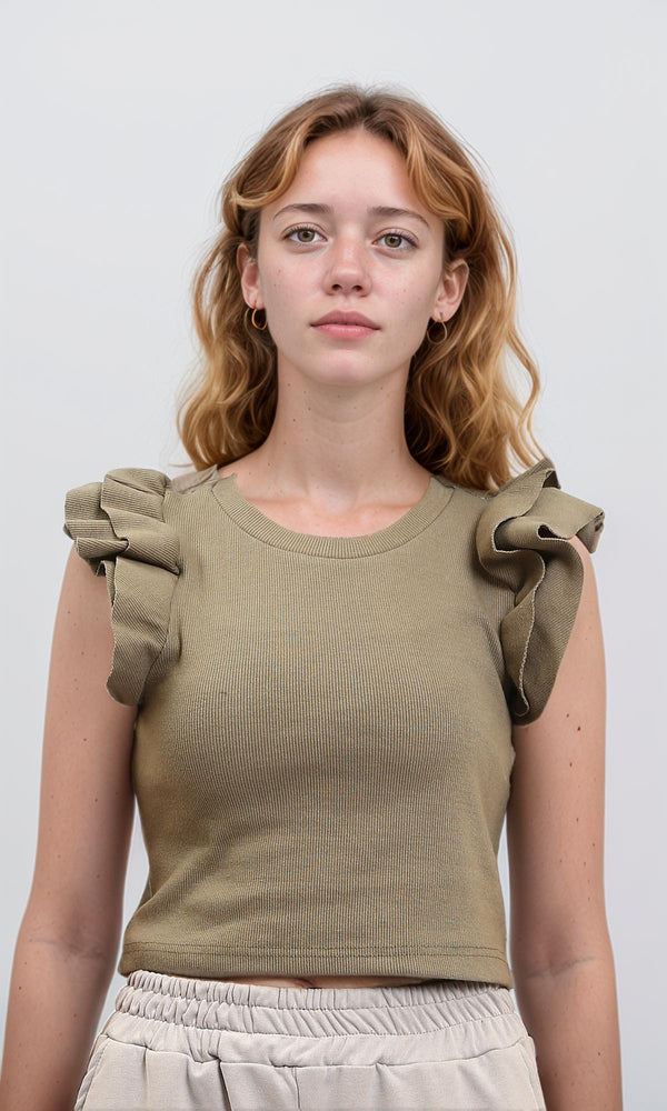 R215803 - Ruffled Sleeves Feminine Crew Neck Top - Pale Olive