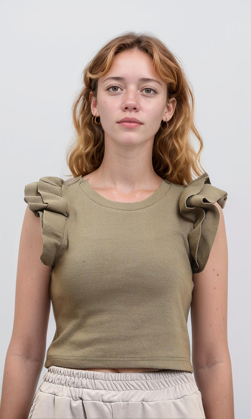 R215803 - Ruffled Sleeves Feminine Crew Neck Top - Pale Olive