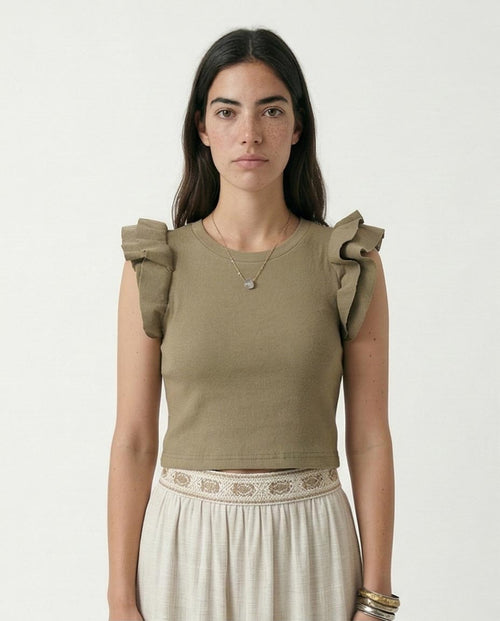 R215803 - Ruffled Sleeves Feminine Crew Neck Top - Pale Olive