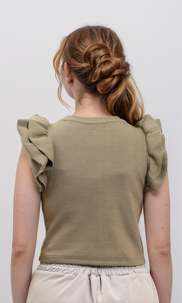 R215803 - Ruffled Sleeves Feminine Crew Neck Top - Pale Olive