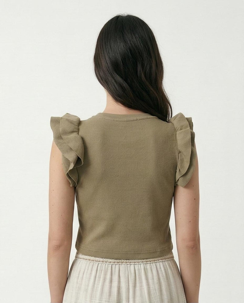 R215803 - Ruffled Sleeves Feminine Crew Neck Top - Pale Olive