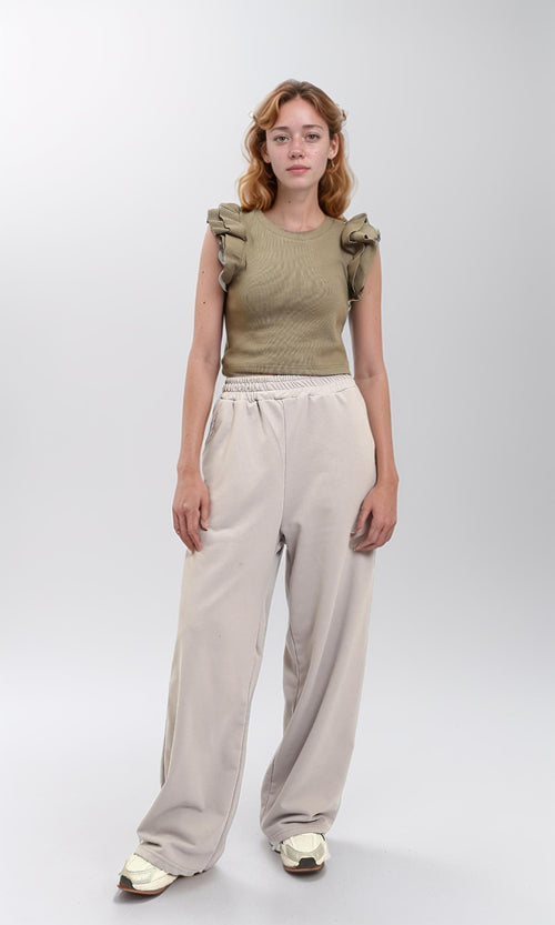 R215803 - Ruffled Sleeves Feminine Crew Neck Top - Pale Olive