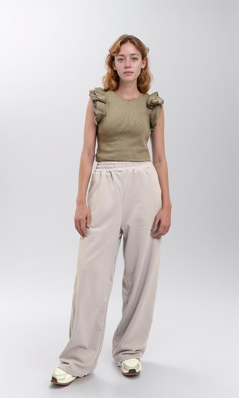 R215803 - Ruffled Sleeves Feminine Crew Neck Top - Pale Olive