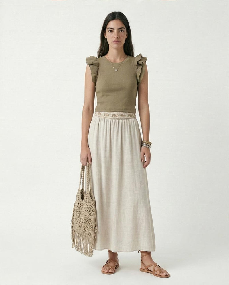 R215803 - Ruffled Sleeves Feminine Crew Neck Top - Pale Olive