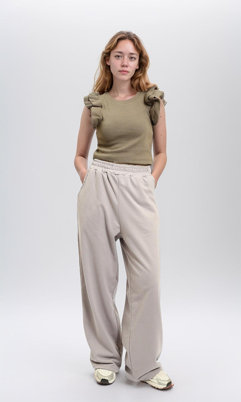 R215803 - Ruffled Sleeves Feminine Crew Neck Top - Pale Olive