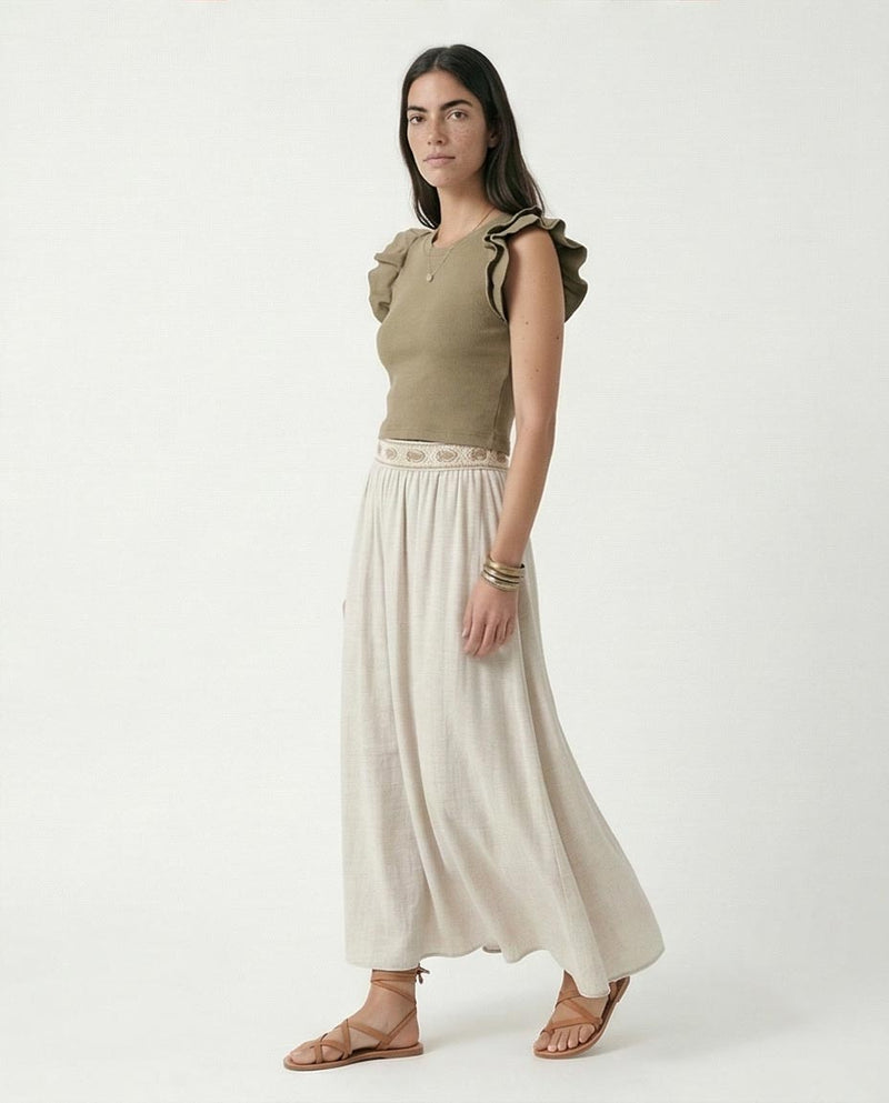 R215803 - Ruffled Sleeves Feminine Crew Neck Top - Pale Olive