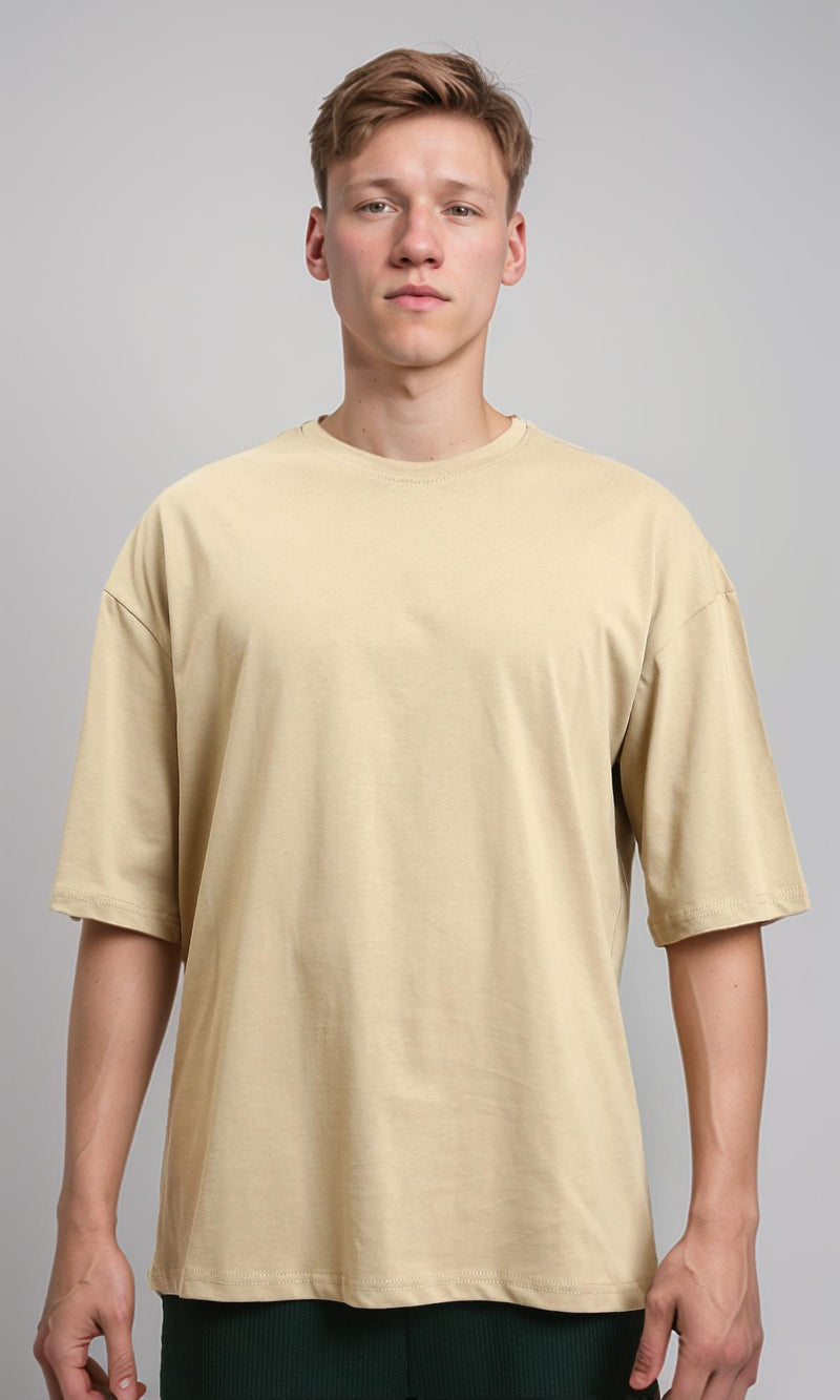 R215864 - Crew Neck Solid Elbow Sleeves Tee - Dark Beige