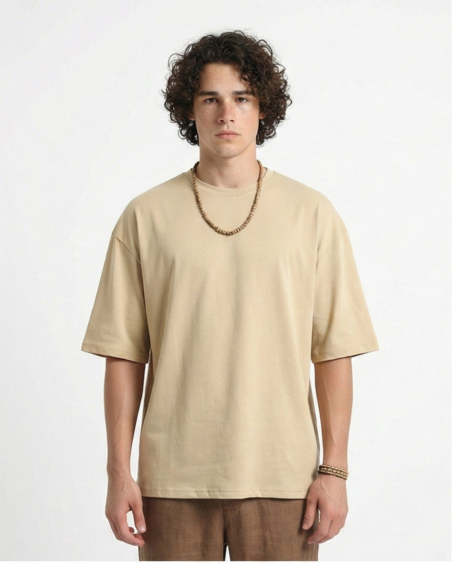 Crew Neck Solid Elbow Sleeves Tee - Dark Beige