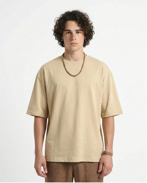 Crew Neck Solid Elbow Sleeves Tee - Dark Beige