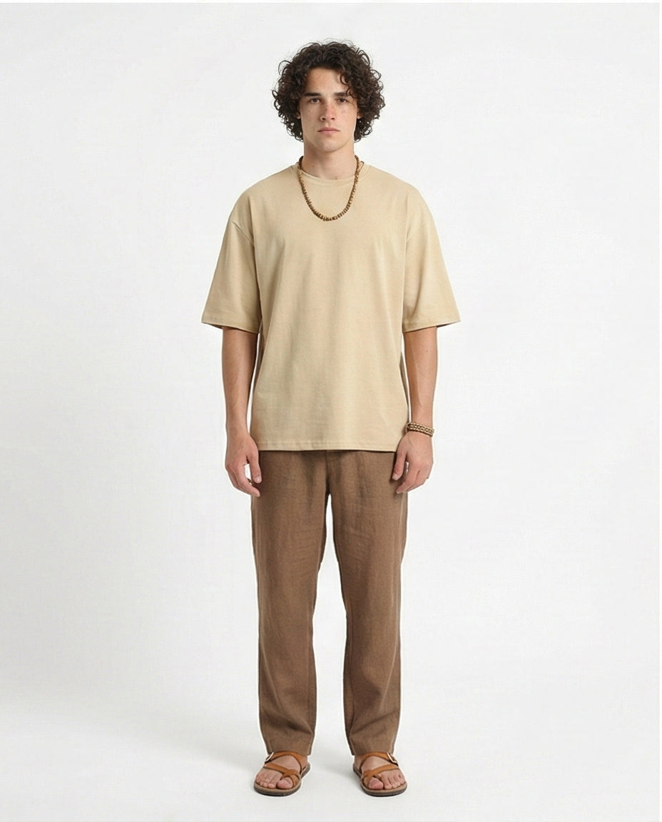 R215864 - Crew Neck Solid Elbow Sleeves Tee - Dark Beige