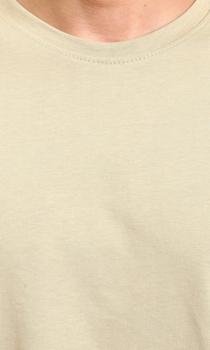 R215864 - Crew Neck Solid Elbow Sleeves Tee - Dark Beige