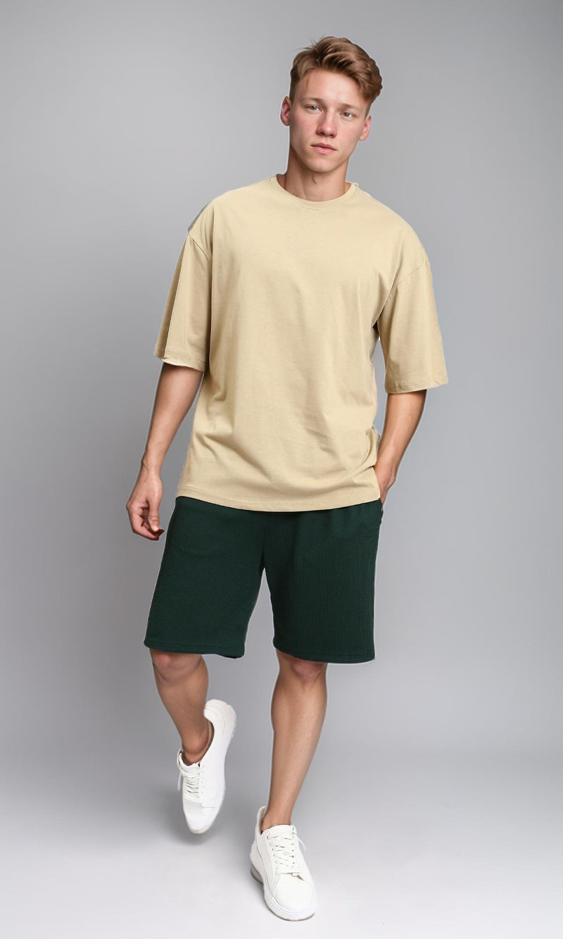 R215864 - Crew Neck Solid Elbow Sleeves Tee - Dark Beige