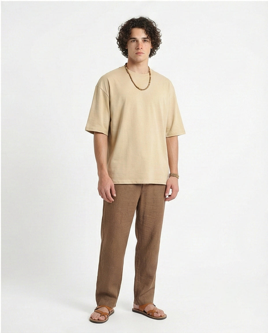 R215864 - Crew Neck Solid Elbow Sleeves Tee - Dark Beige